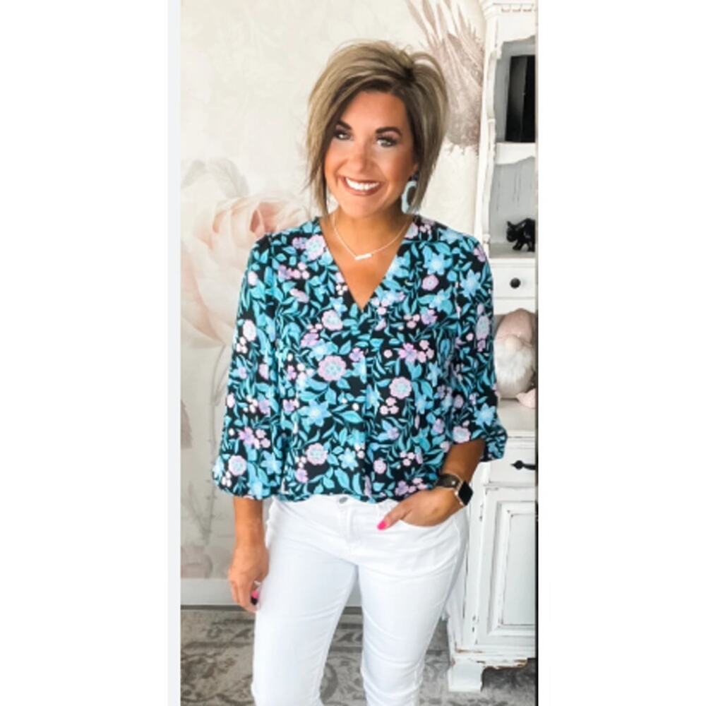 Emily Wonder Womens Floral V-neck Long Sleeve Blouse Plus Size 2X Aqua Blue